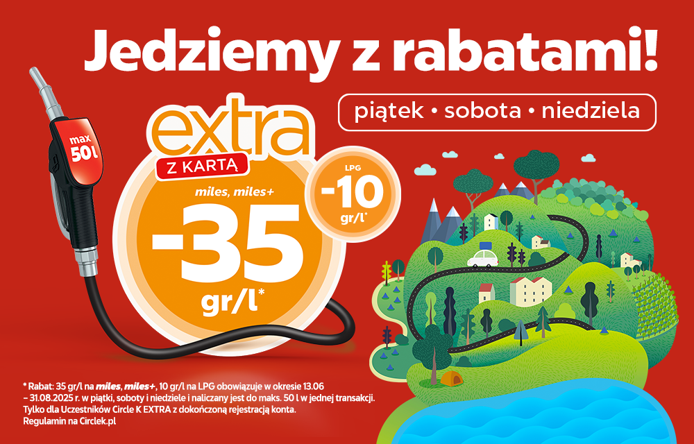 Grafika opisująca rabaty akcji stacji paliw Circle K "Wakacyjne Rabaty".