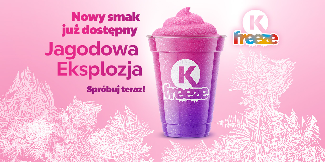 Grafika przedstawia zdjęcie nowego smaku gazowanego napoju K-FREEZ. Jest to smak Jagodowa Eksplozja.