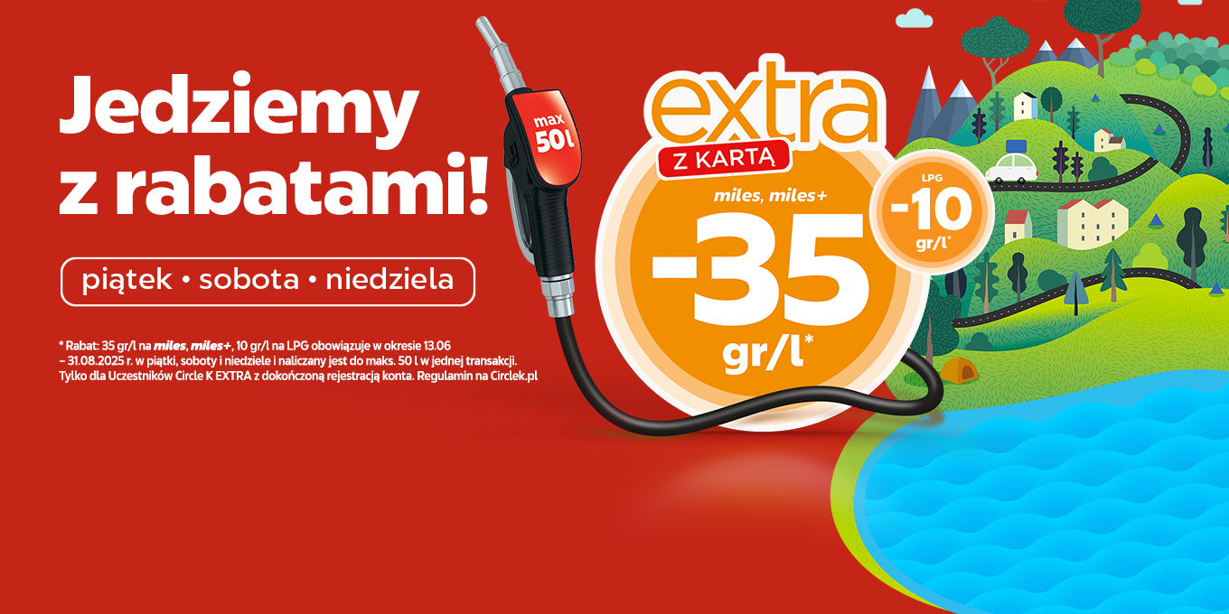 Grafika przedstawia opis akcji "Jedziemy z rabatami!" i wysokość zniżki na paliwa na Circle K