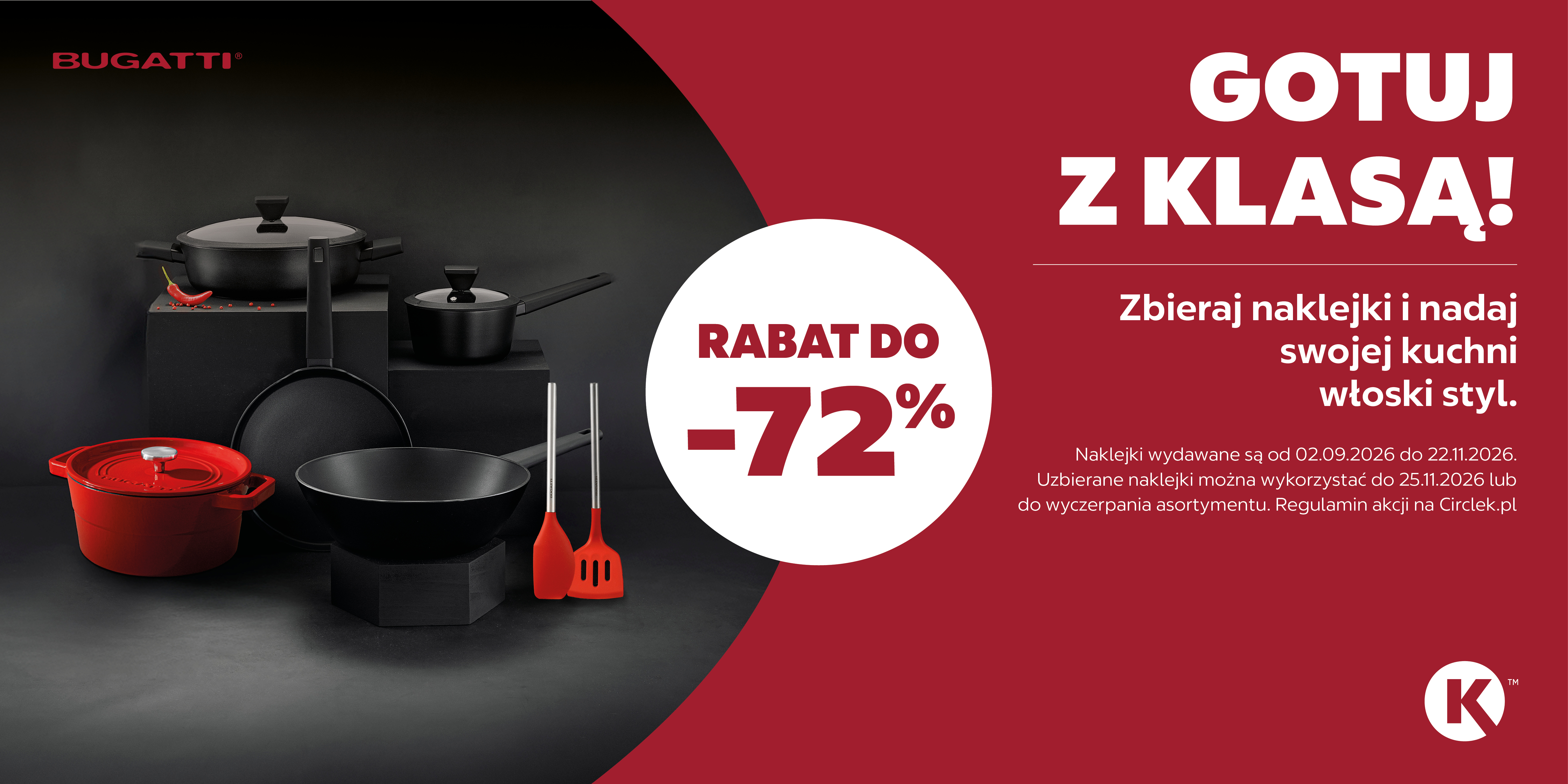 Grafika przedstawiającą kolekcję garnków żeliwnych marki Bugatti - kolekcja dostępna na stacjach Circle K