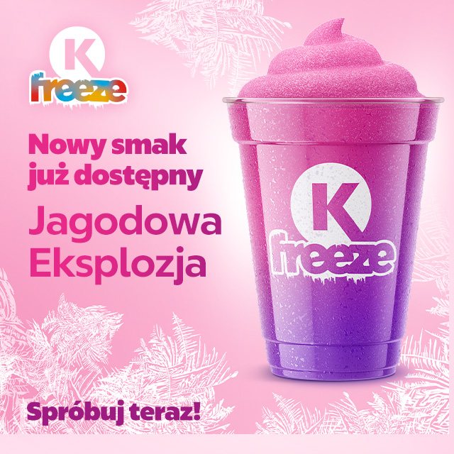 Grafika przedstawia zdjęcie nowego smaku gazowanego napoju K-FREEZ. Jest to smak Jagodowa Eksplozja.