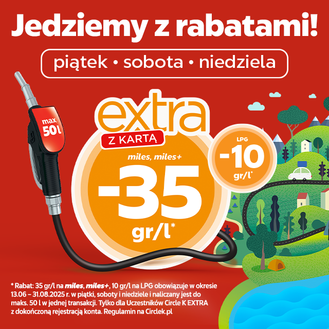 Grafika przedstawia opis akcji "Jedziemy z rabatami!" i wysokość zniżki na paliwa na Circle K