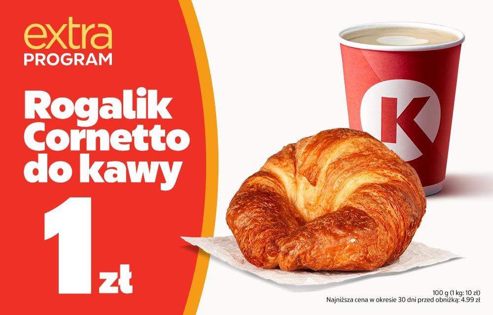 Grafika przedstawia ofertę Circle K - Rogalik Cornetto za 1 zł do dowolnej kawy