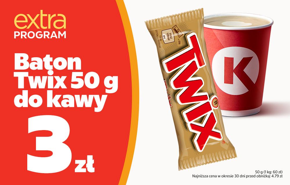 Grafika przedstawia ofertę Circle K - Batonik Twix 50 g za 3 zł do dowolnej kawy