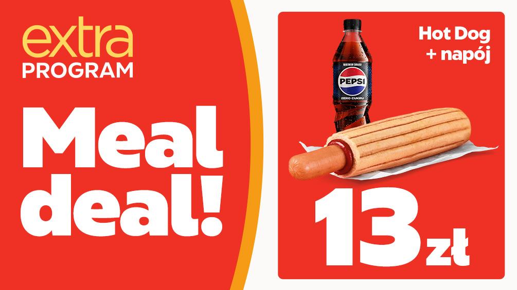 Zestaw meal Deal przestawiający hot Doga z napojem.