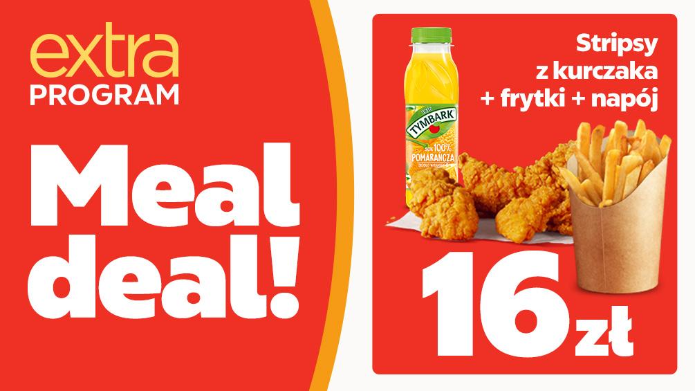 Zestaw meal Deal przestawiający stripsy z kurczaka, frytki i napój.
