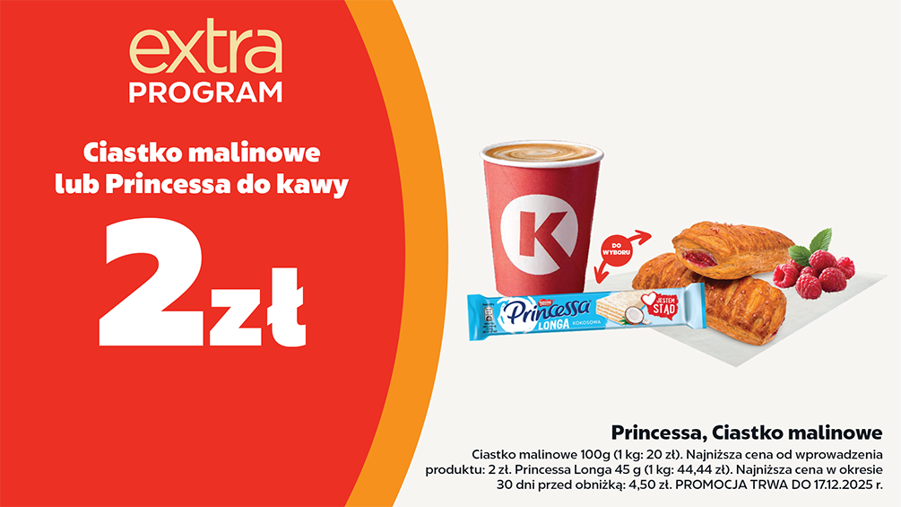 Promocja na ciastko malinowe za 2 zł oraz baton princessa za 2 zł do dowolnej kawy.