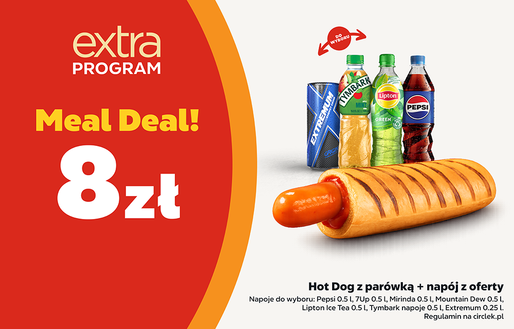 Zestaw meal Deal przestawiający hot Doga z napojem w cenie 8 zł z w programie lojalnościowym.