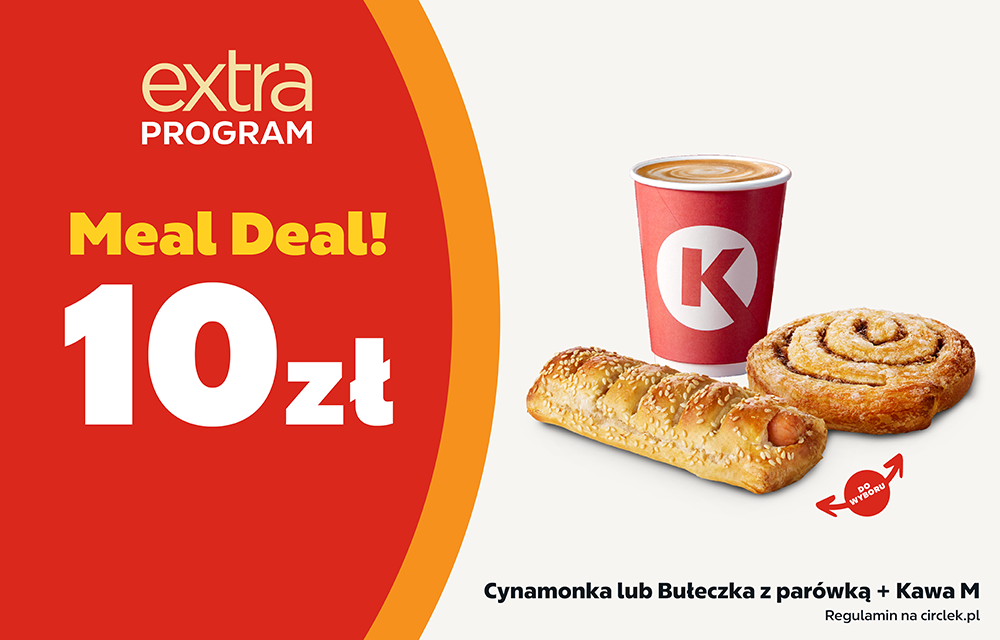 Zestaw meal Deal przestawiający słoną lub słodką przekąskę z kawą rozmiar M w cenie 10 zł z w programie lojalnościowym.