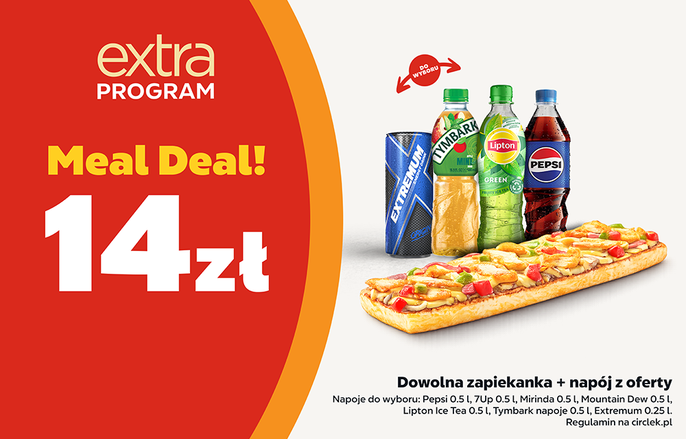 Zestaw meal Deal przestawiający zapiekankę  z napojem w cenie 14zł z w programie lojalnościowym.