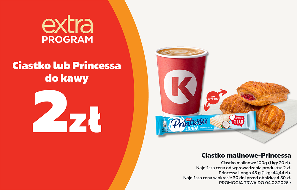 Grafika przestawiająca promocje ciastko malinowe lub princessa long kokos za 2 zł do dowolnej kawy na stacjach Circle K